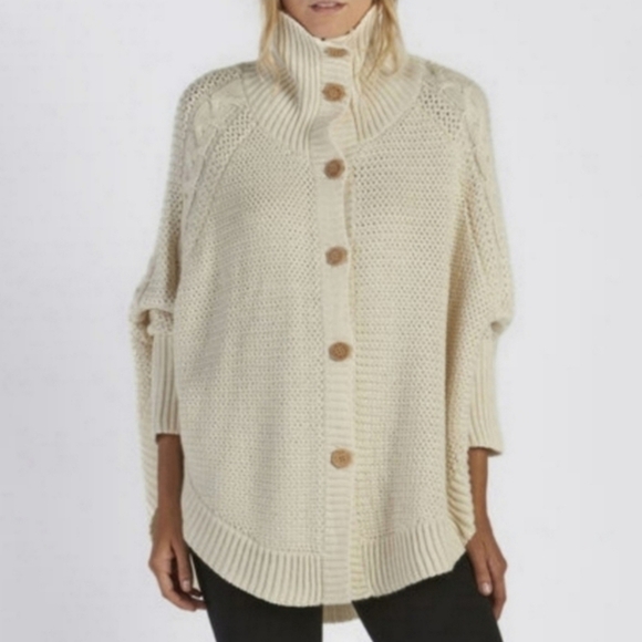 UGG Maribeth White Button Front Ribbed Cable Knit Wool Cape Cardigan Sweater - Picture 2 of 12